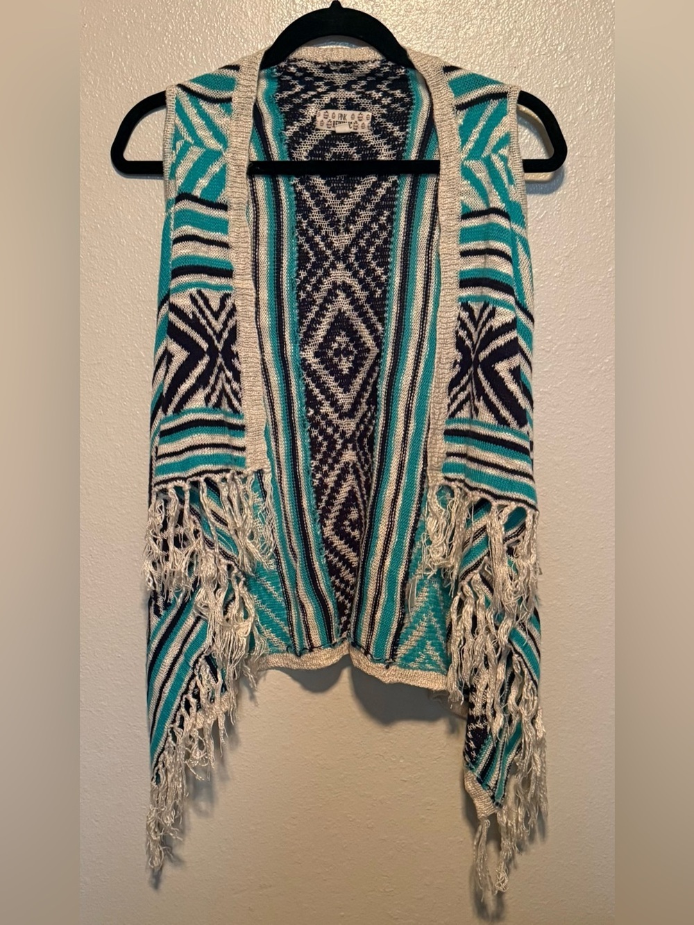 Pink Republic Aztec Fringe Open Front Cardigan Vest Sweater Small - Picture 2 of 6